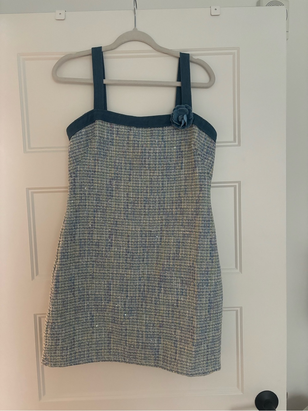Blue Tweed Mini Dress with Strap and Flower Detail